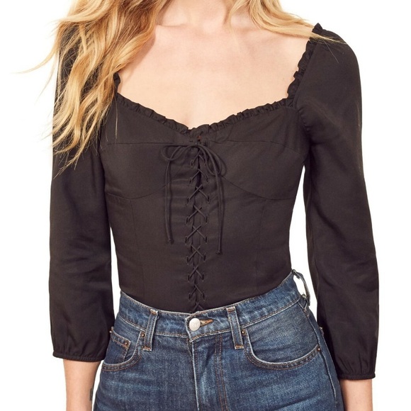 Reformation Tops - Reformation Proust Top Linen Black Lace Up Long Sleeve Ruffle
